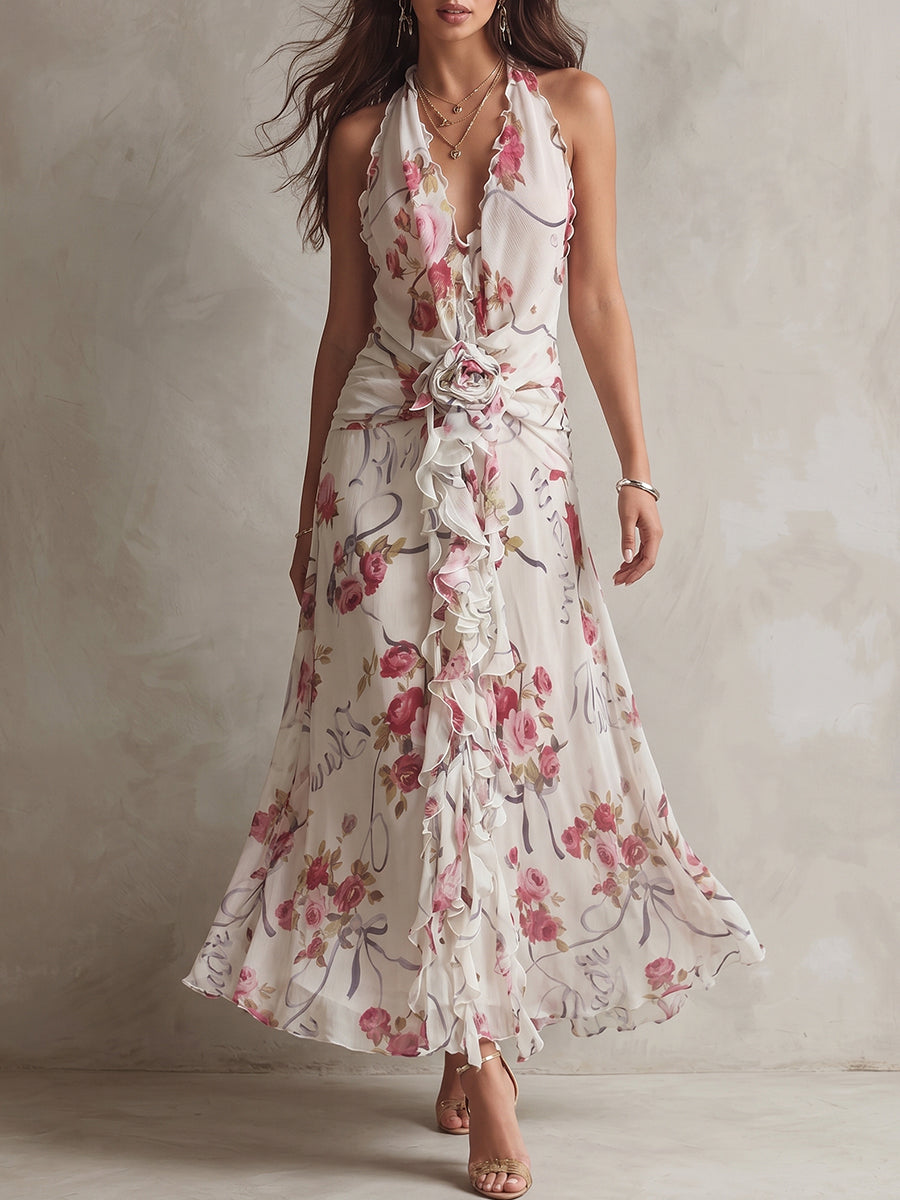 Cream Floral Ruffle Rosette Halter Maxi Dress