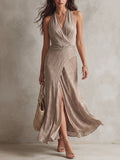 Taupe Halter Wrap Maxi Dress