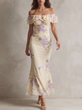 Cream Floral Off-Shoulder Mermaid Midi Dress