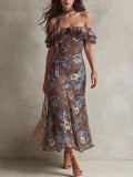 Brown Floral Choker Off-Shoulder Maxi Dress