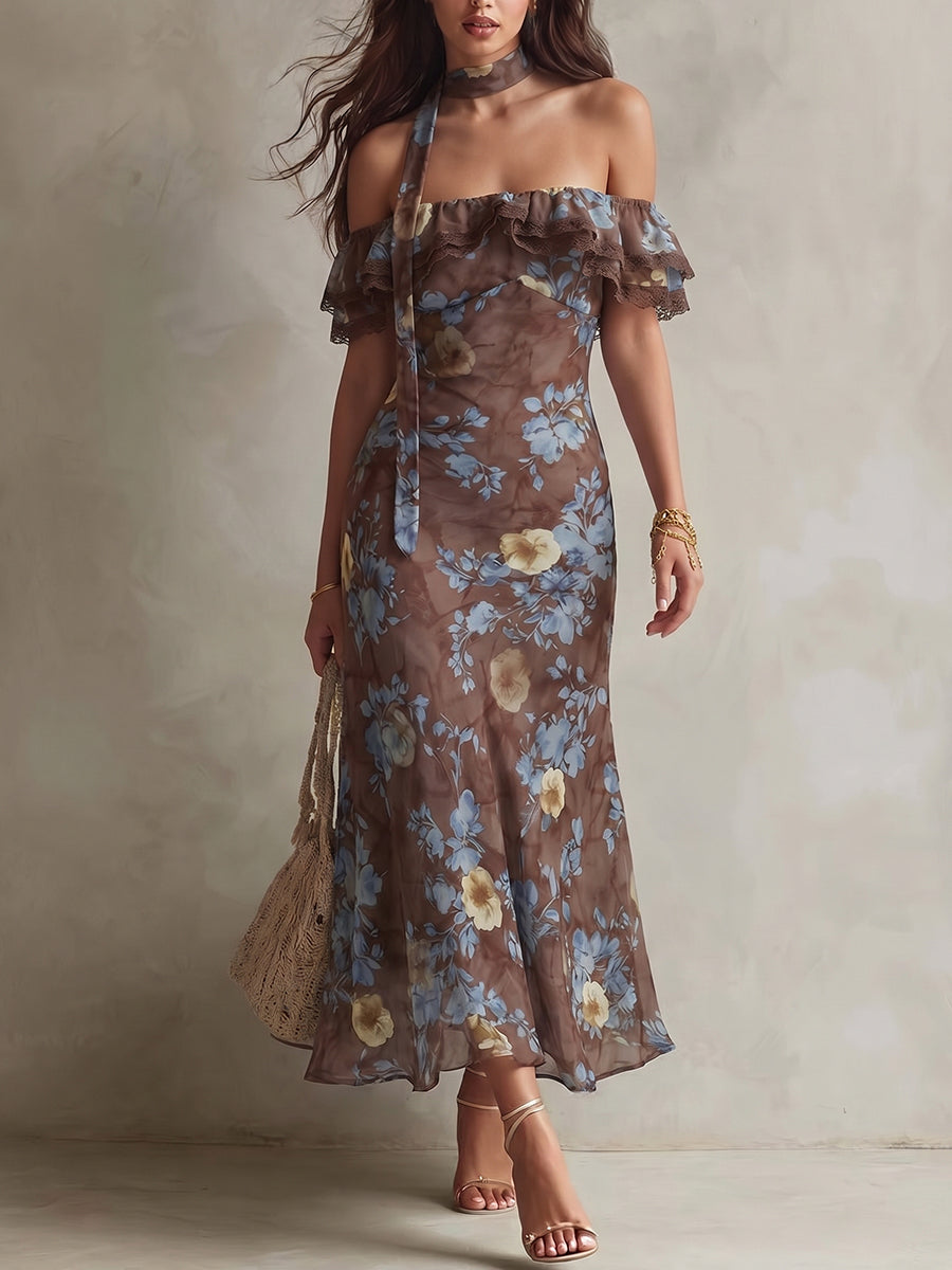 Brown Floral Choker Off-Shoulder Maxi Dress