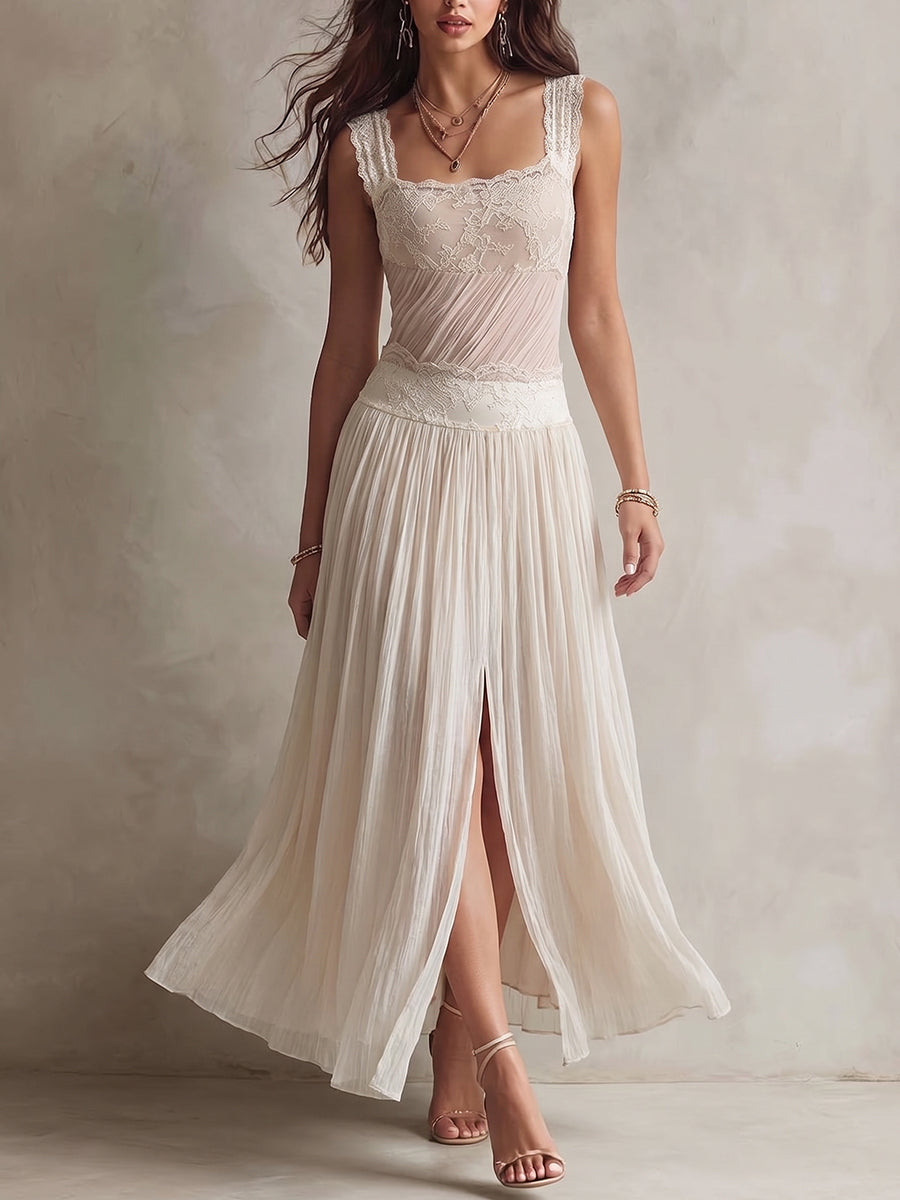 Cream Lace Panel Pleated Maxi Dress