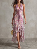 Lilac Floral Halter Ruffle Midi Dress