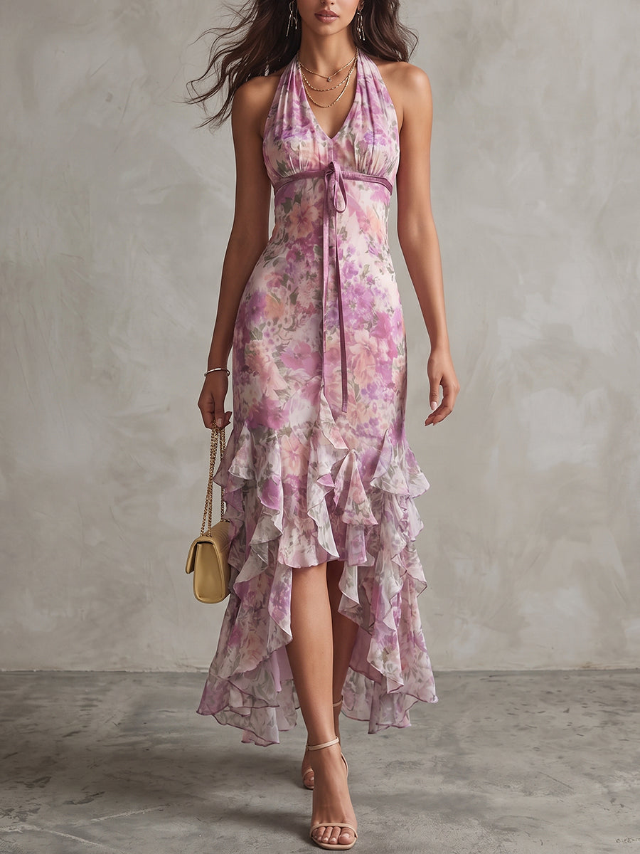 Lilac Floral Halter Ruffle Midi Dress