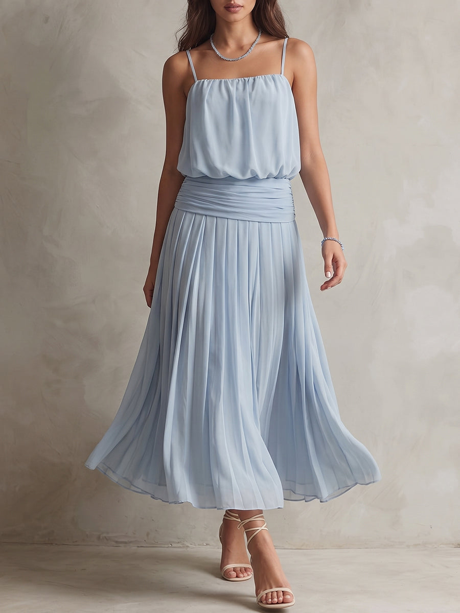 Powder Blue Gathered Strapless Maxi Dress