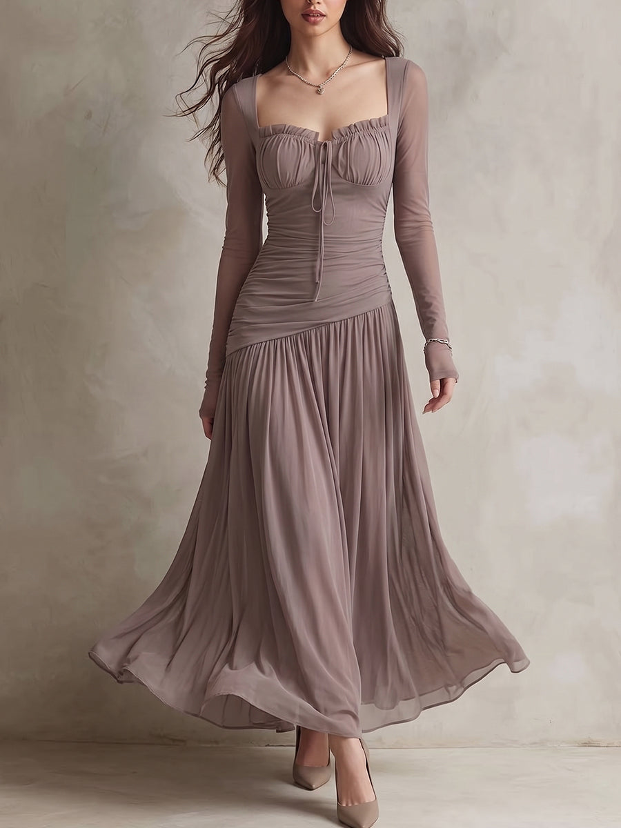 Mauve Ruched Tie-Front Maxi Dress