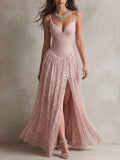 Blush Lace Corset High-Slit Maxi Dress
