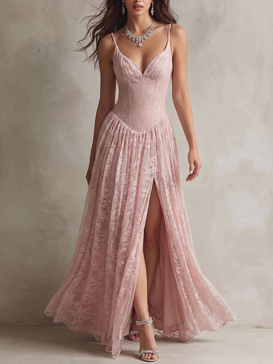 Blush Lace Corset High-Slit Maxi Dress
