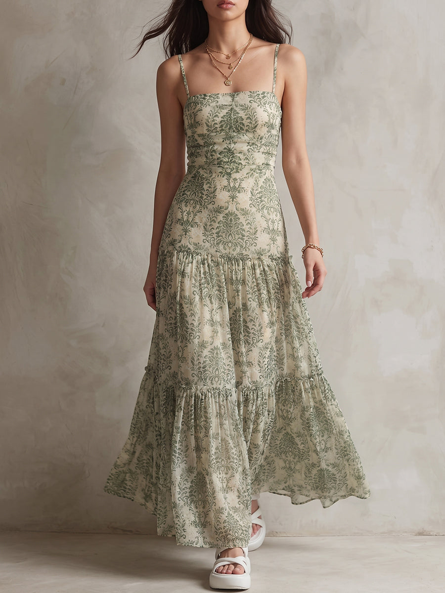 Sage Damask Tiered Maxi Dress