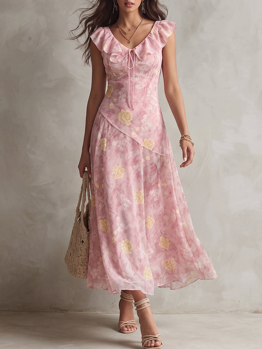 Pink Floral Ruffle V-Neck Midi Dress