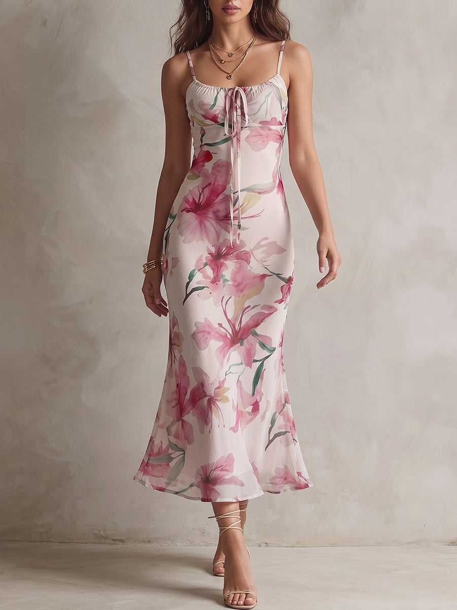 Pink Floral Tie-Front Midi Dress