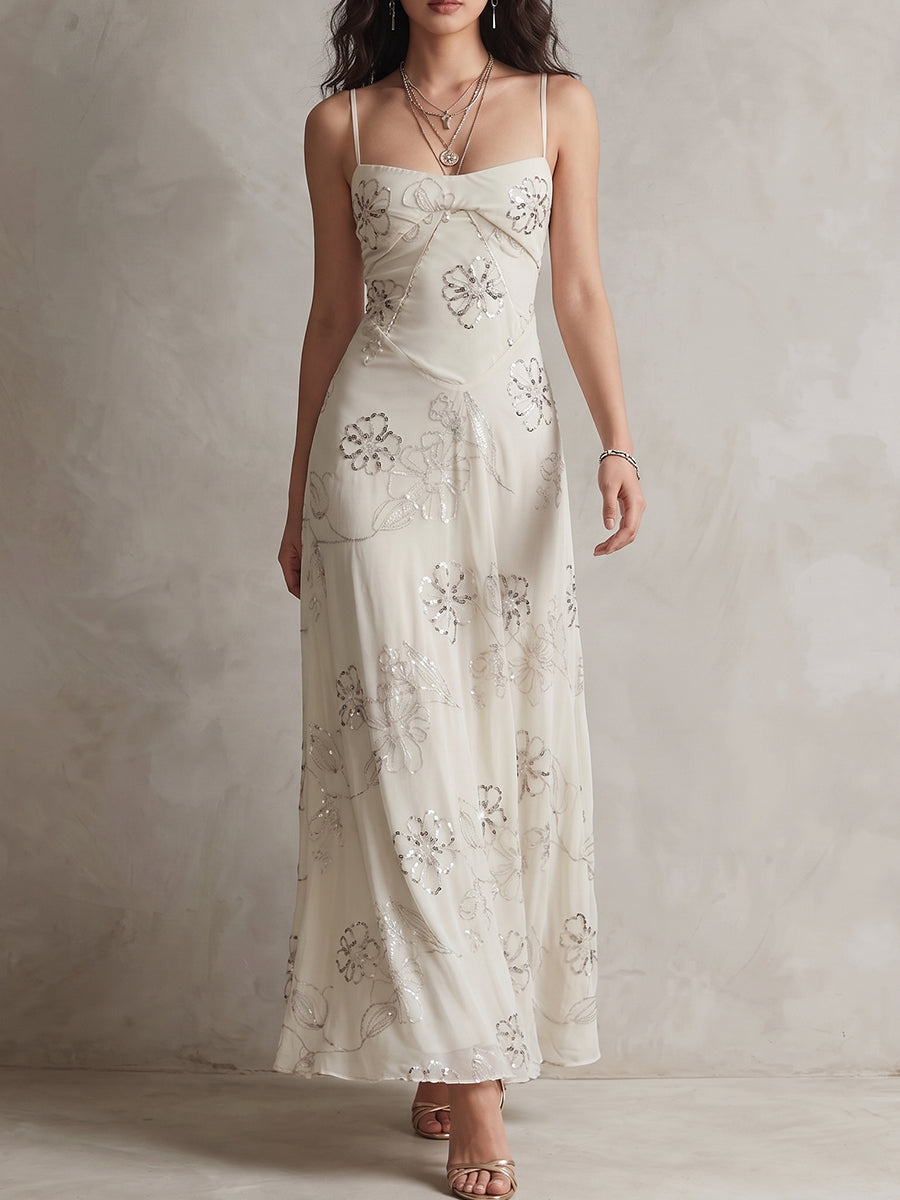 Cream Sequin Floral Maxi Dress