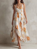 White Orange Floral Halter Ruffle Dress