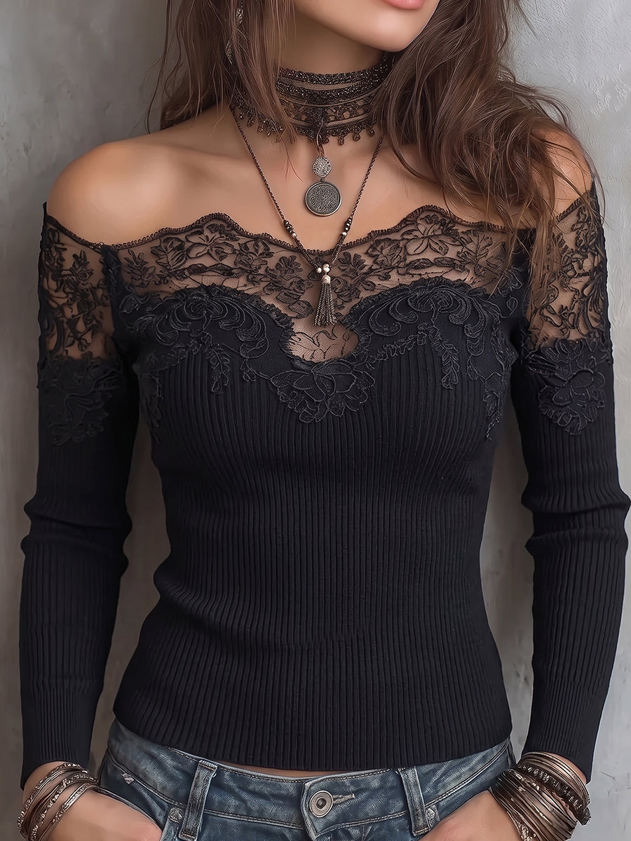 Black Lace Off-Shoulder Ribbed Knit Top