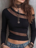 Black Ribbed Sheer Mesh Panel Top