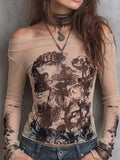 Beige Sheer Floral Print Off-Shoulder Top