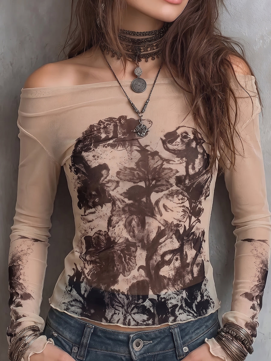 Beige Sheer Floral Print Off-Shoulder Top