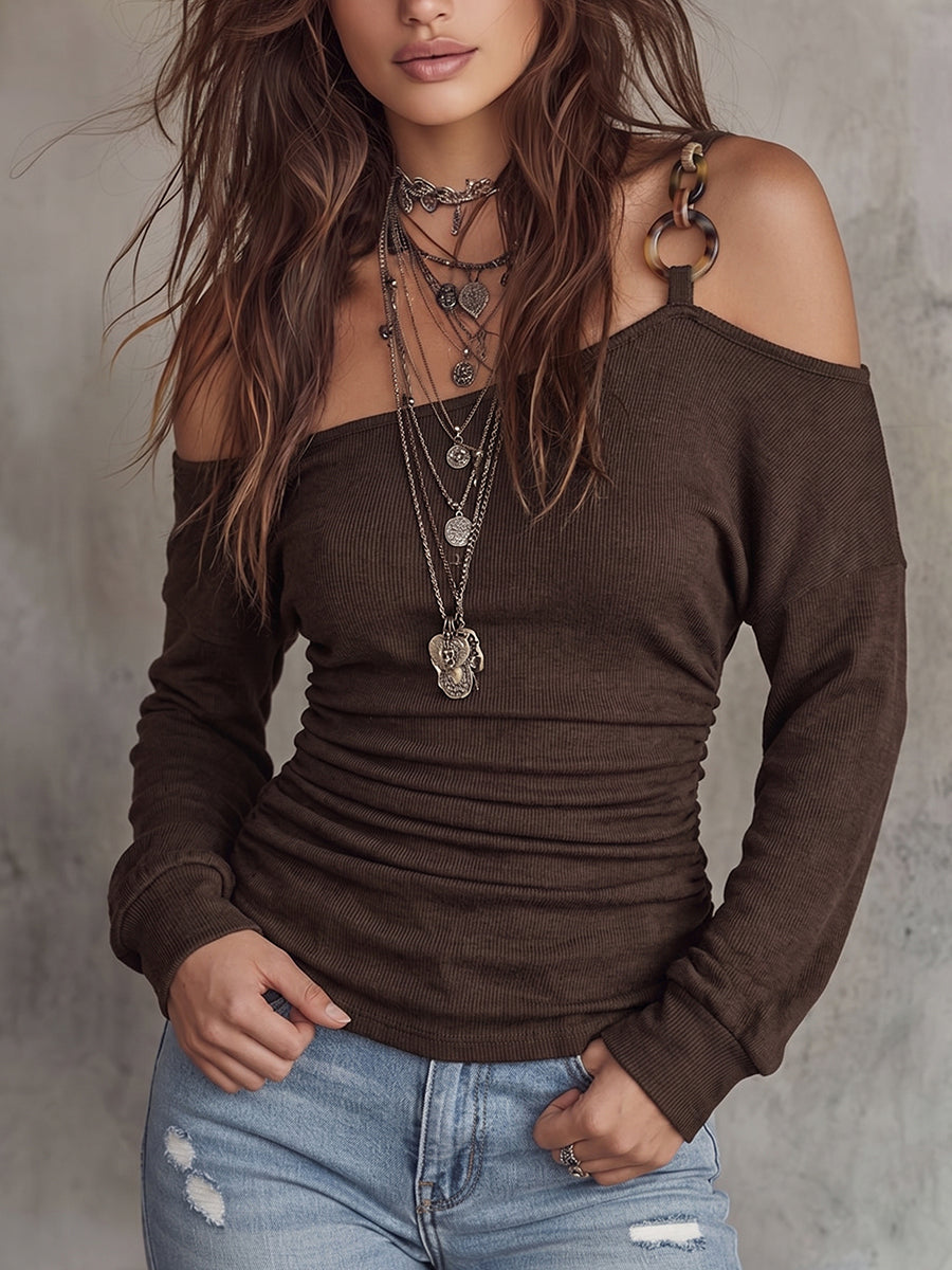 Chocolate Asymmetric Strap Off-Shoulder Top