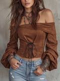 Brown Faux Suede Corset Off-Shoulder Top