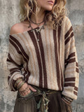 Beige Brown Stripe Off-Shoulder Knit Top