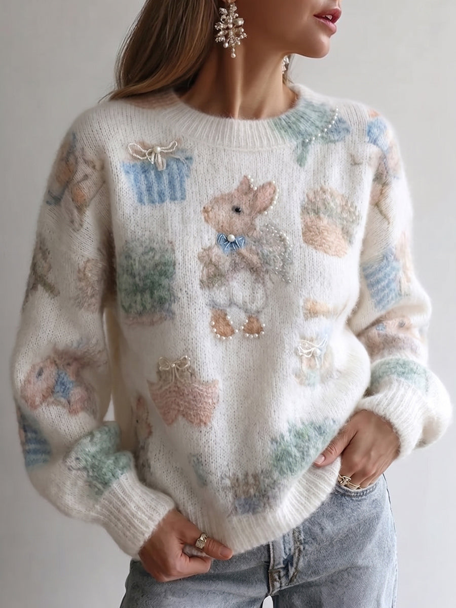 White Rabbit Motif Pearl Detail Knit Sweater
