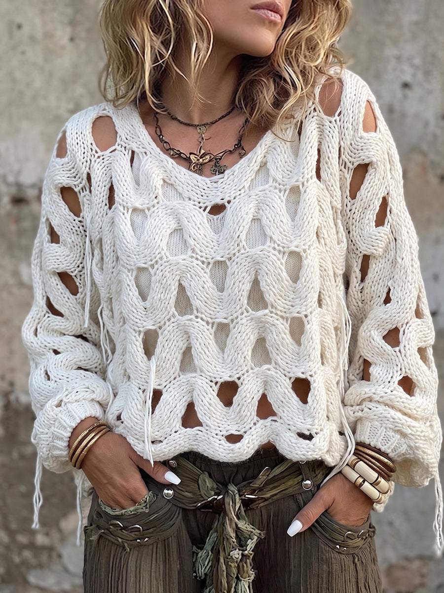 White Cold-Shoulder Open-Knit Sweater