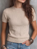 Beige Ribbed Short-Sleeve Knit Top