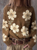Camel Floral Embroidered Knit Sweater