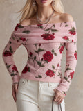 Pink Rose Print Off-Shoulder Knit Sweater