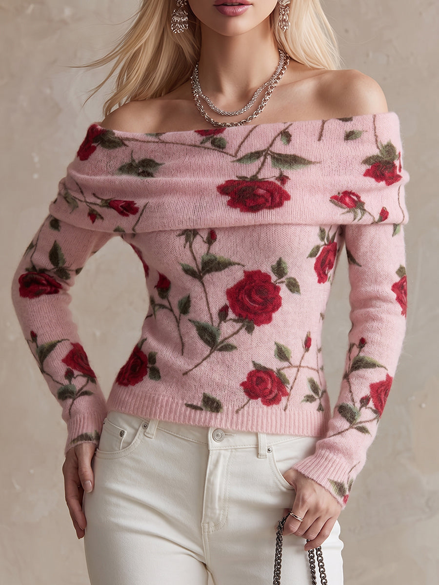 Pink Rose Print Off-Shoulder Knit Sweater