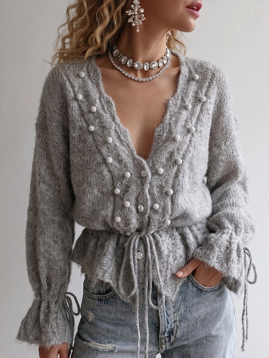 Grey Pearl Embellished Tie-Front Knit Top