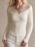 Cream Ribbed Knit Top With Sheer Lace Overlay