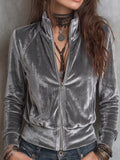 Grey Velvet Zip-Up Jacket