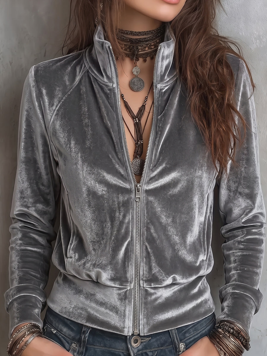 Grey Velvet Zip-Up Jacket