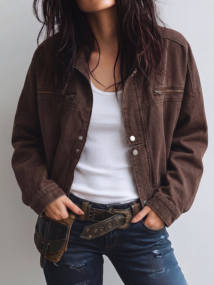 Brown Zip-Up Utility Jacket