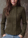 Olive Green Stand Collar Fitted Jacket