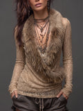 Beige Lace And Faux Fur Trim Long Sleeve Top