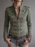 Sage Green Double-Breasted Zip-Up Utility Jacket