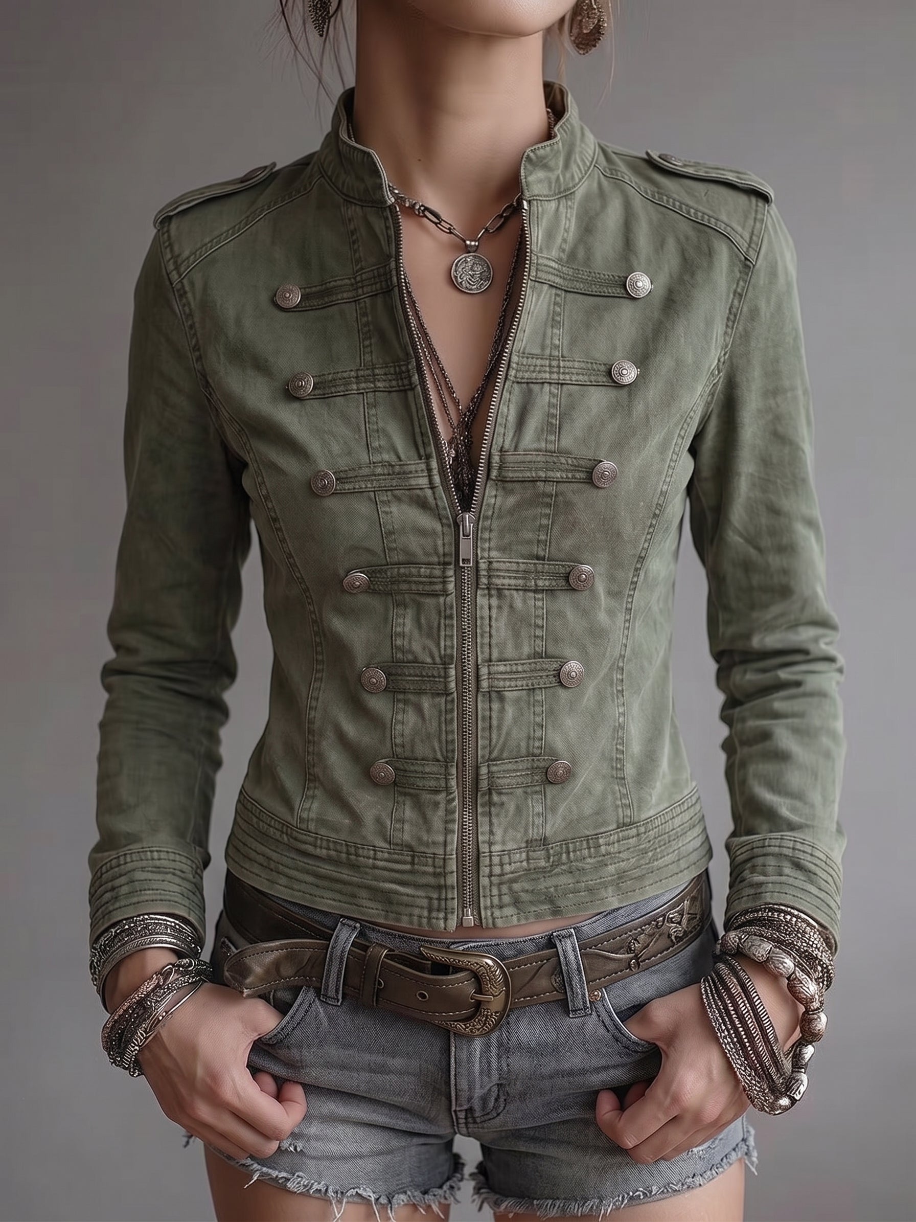 Sage Green Double-Breasted Zip-Up Utility Jacket