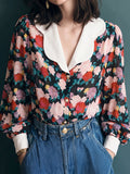 Black Floral Print White Collar Blouse