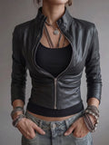 Black Zip-Up Fitted Leather Jacket
