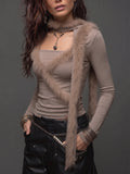 Taupe Faux Fur Wrap Long Sleeve Top