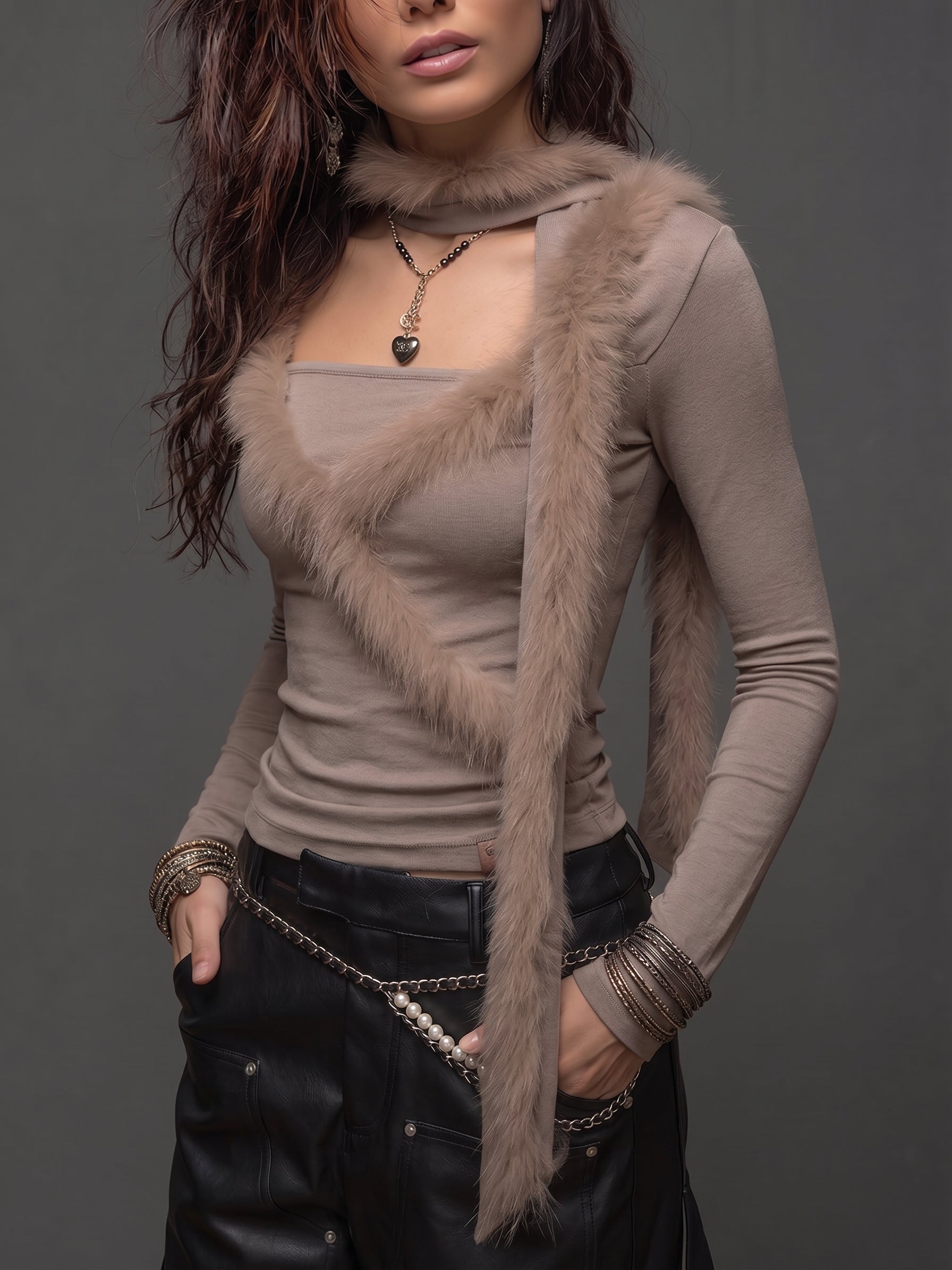 Taupe Faux Fur Wrap Long Sleeve Top