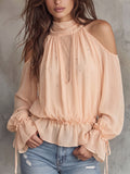 Peach Cold-Shoulder Rhinestone Chiffon Blouse