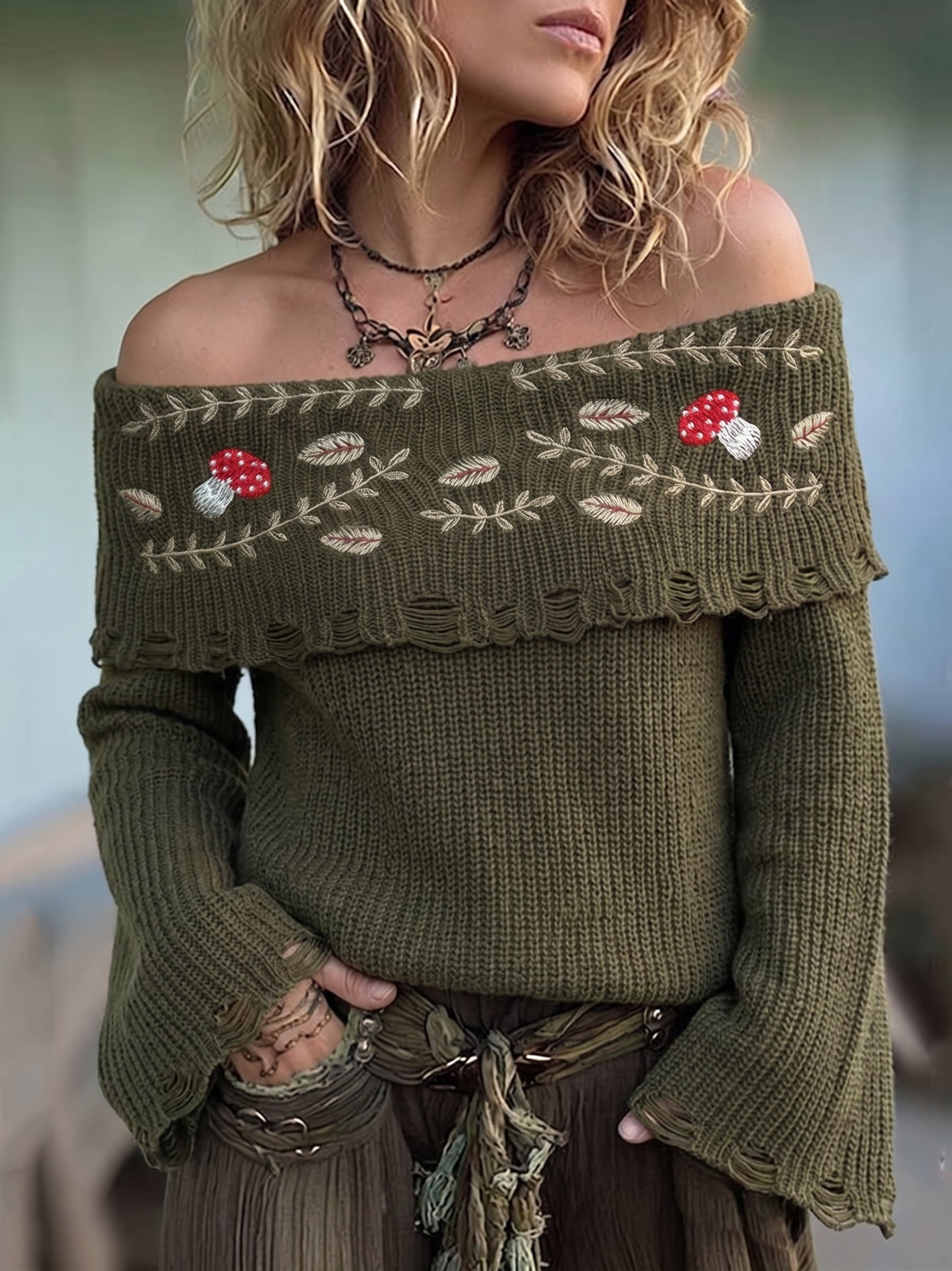 Olive Green Embroidered Off-Shoulder Knit Sweater