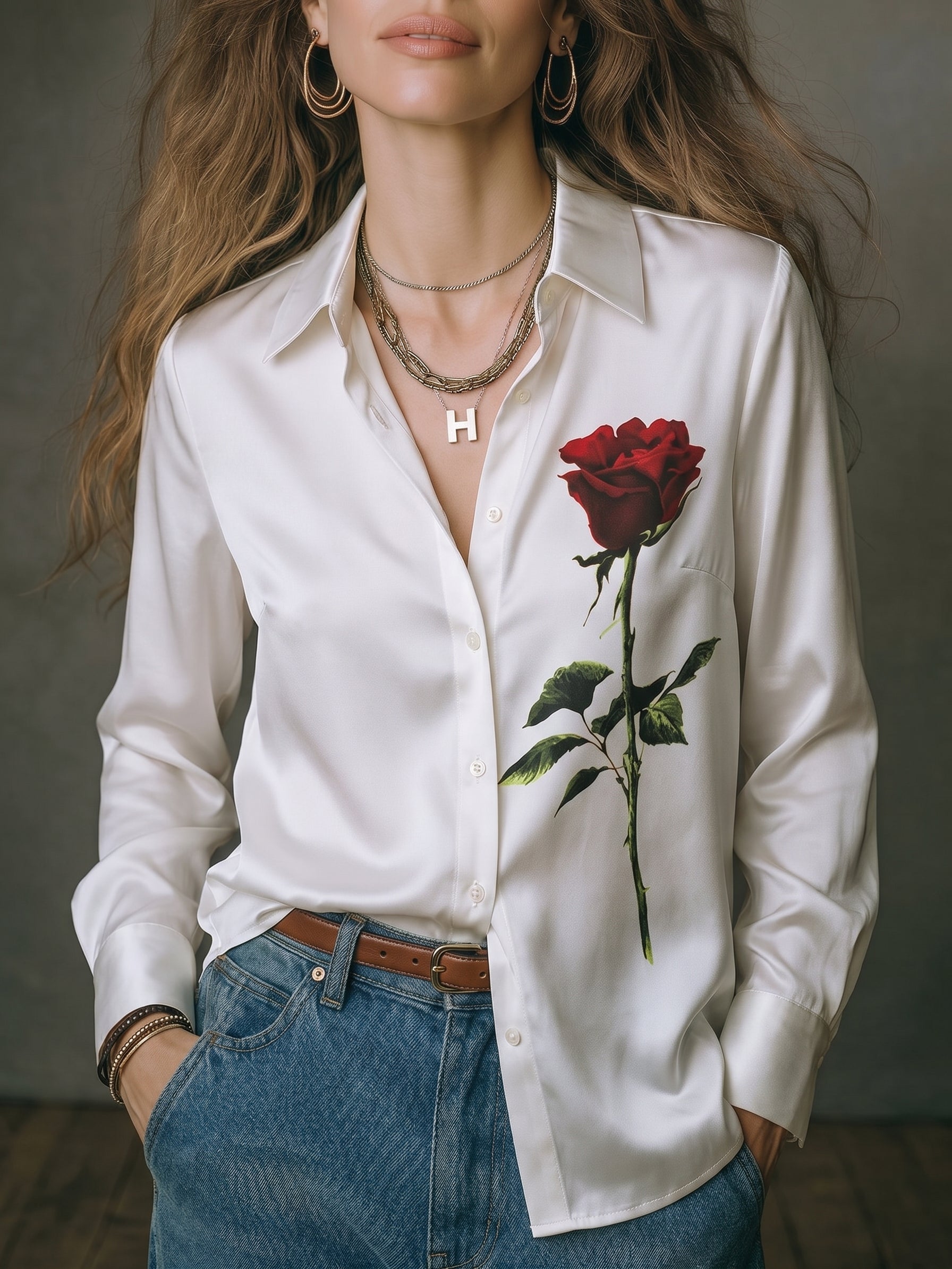 White Rose Print Button-Up Shirt