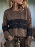 Brown Striped Textured Knit Sweater