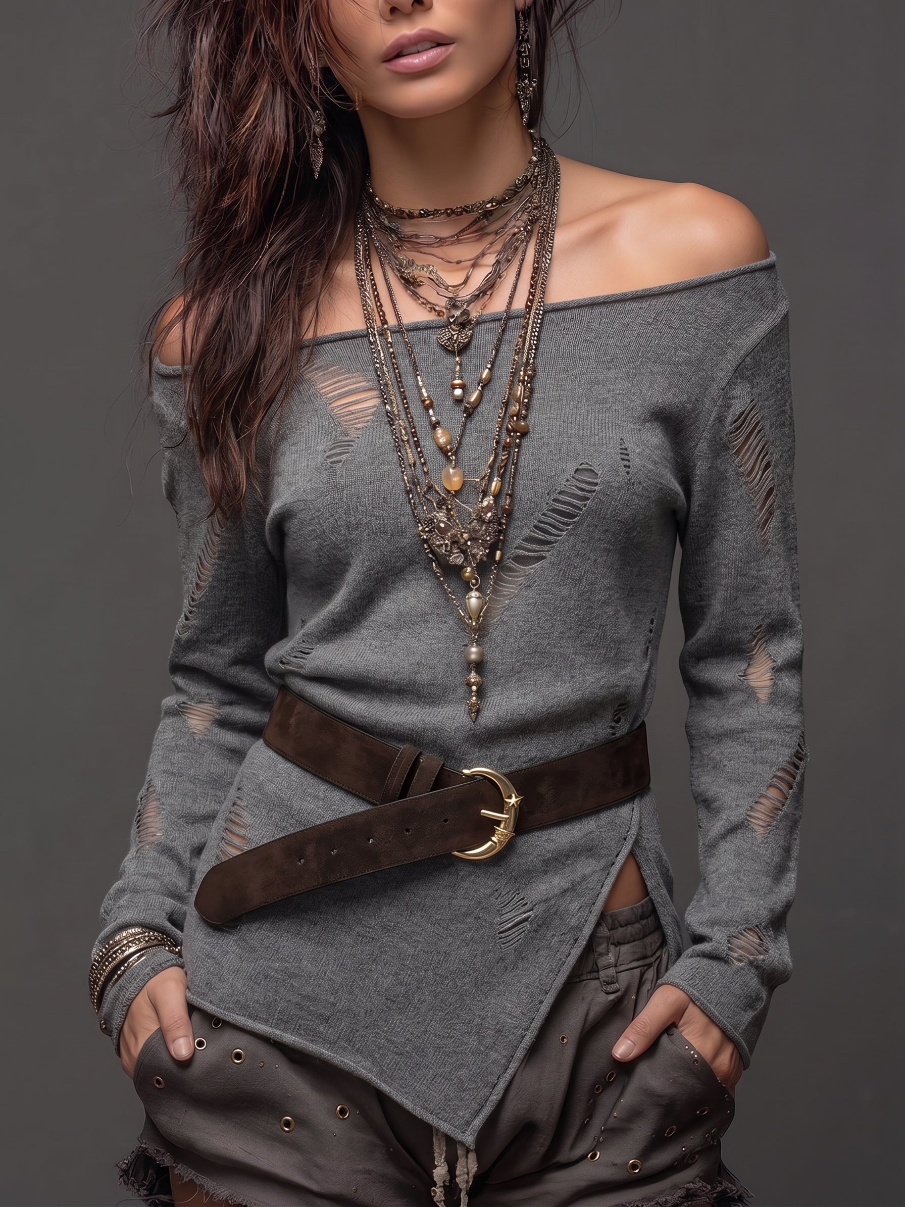Grey Distressed Asymmetrical Sweater