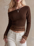 Brown Jacquard Asymmetrical Knit Top