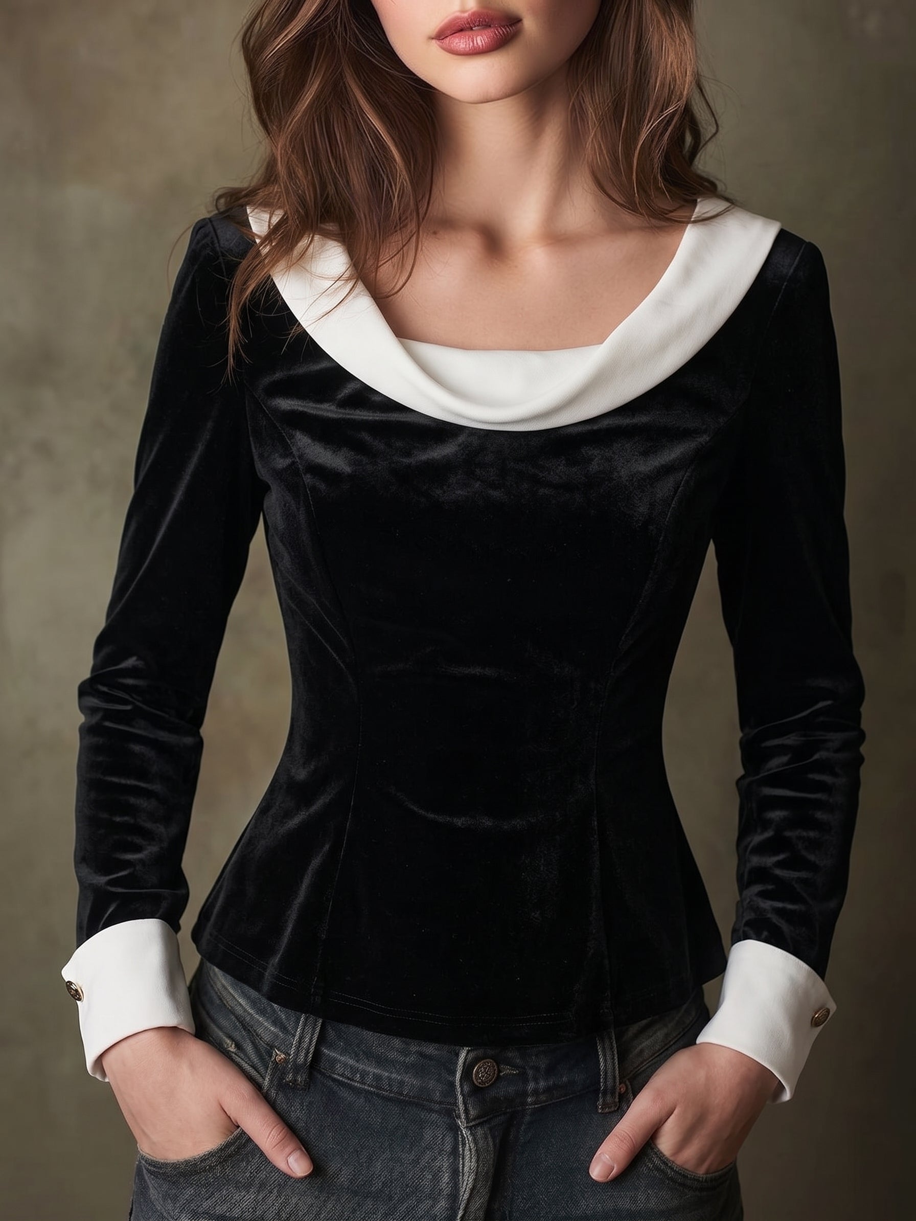 Black Velvet Contrast Collar Top